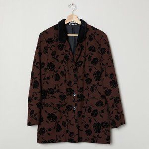 Vtg 80s Brown Flocked Floral Blazer L